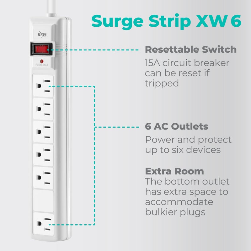 KMC 6-Outlet Surge Protector Power Strip, 2-Pack, 1200 Joules, 6ft Cord, Adapter Spaced Outlet, Overload Protection, White - Image 2